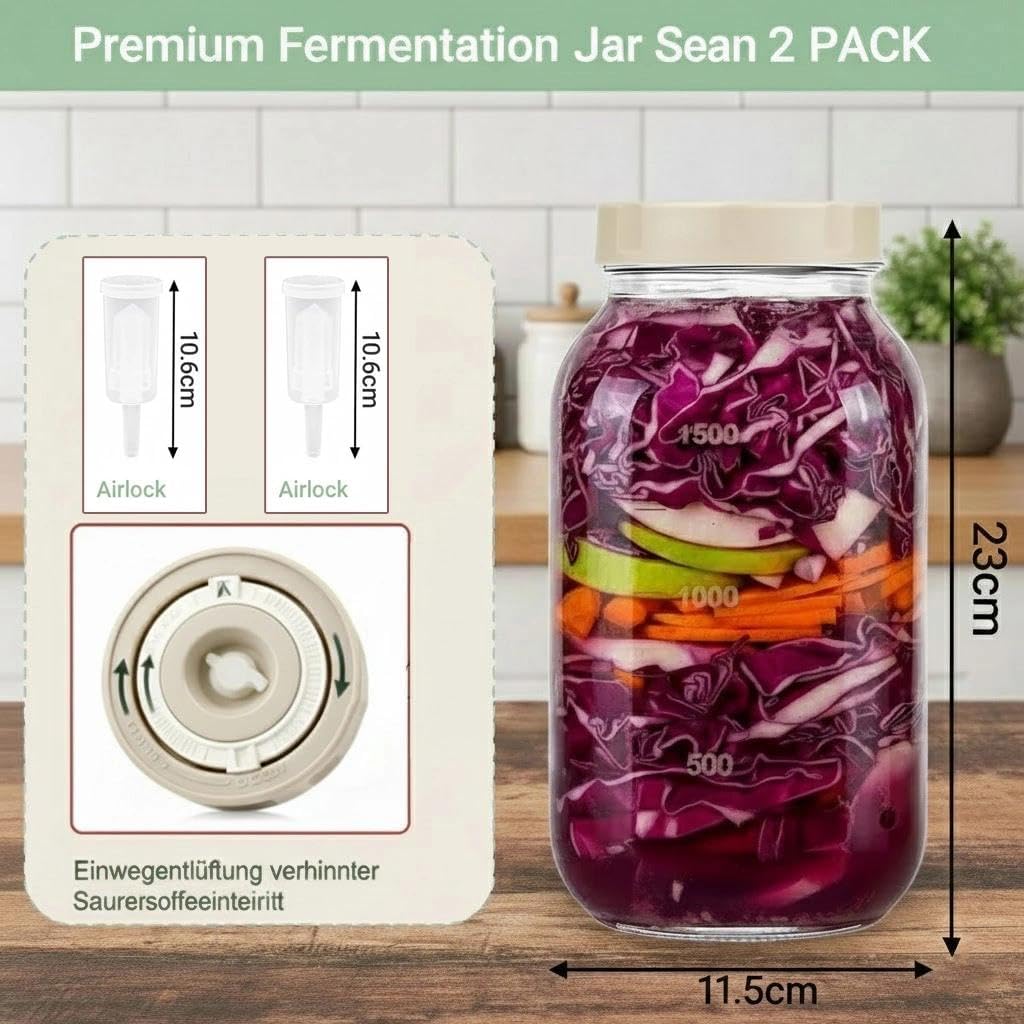 Fermentierglas,Kimchi-Behälter,2er-Pack Gärgläser (2L) mit Gärverschluss und Datumsanzeige,Für Sauer