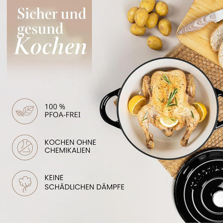 Gusseisen-Topf mit Deckel – Emaille-Schmortopf mit Antihaft, Ofenfest – Schwarz, 4.7 Liter, 24 cm –