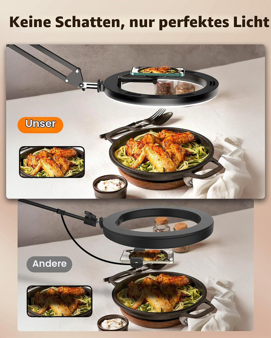 Magnetischen Overhead Stativ Handy mit Ringlicht für Küche &amp; Food-Videos – Ringlicht mit Stativ für