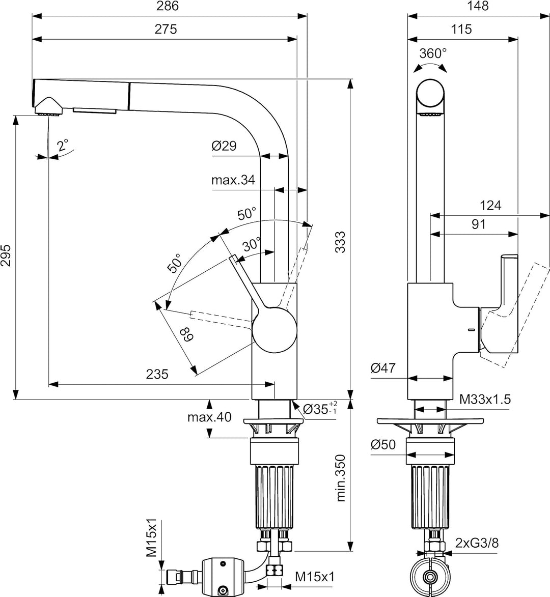 Ideal Standard – Gusto Küchenarmatur, Hoher L-Auslauf mit zylindrischem Querschnitt, mit 2-Funktions