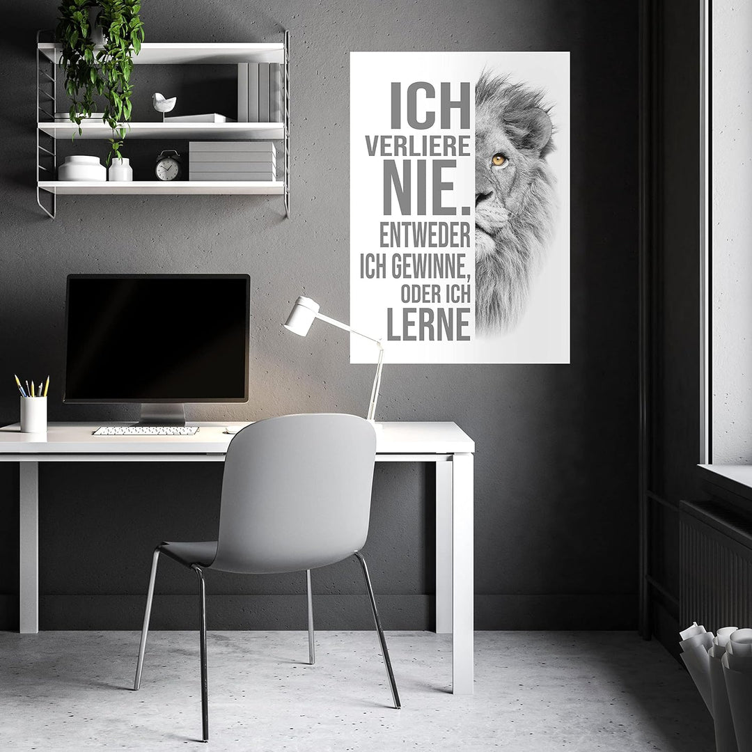 wandmotiv24 Poster als Wanddeko, Grösse Din A1, ich verliere nie, Weiss, Löwe, Moderne Wanddeko, Wan