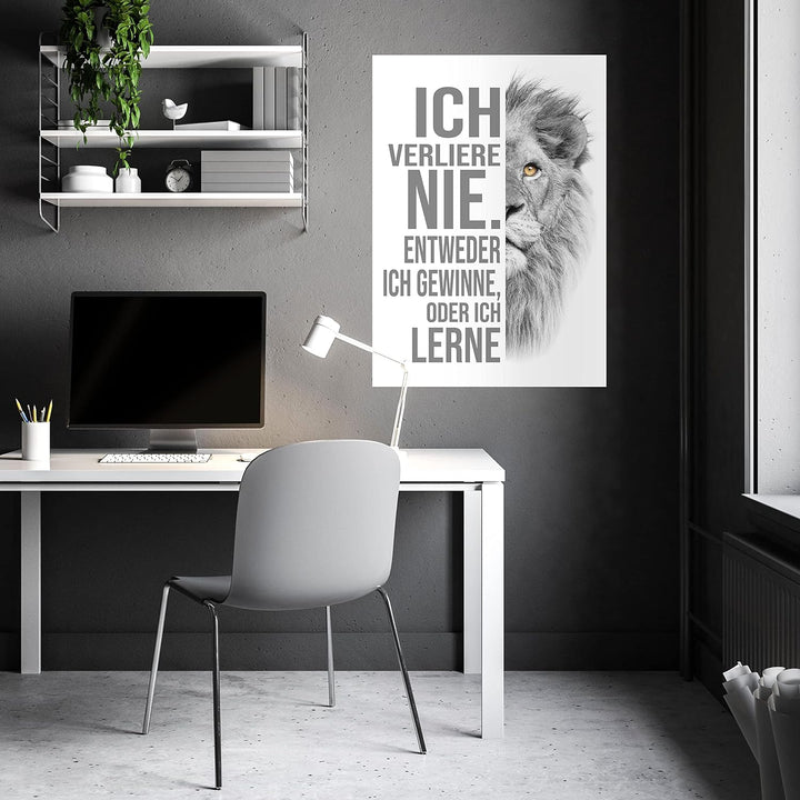 wandmotiv24 Poster als Wanddeko, Grösse Din A1, ich verliere nie, Weiss, Löwe, Moderne Wanddeko, Wan