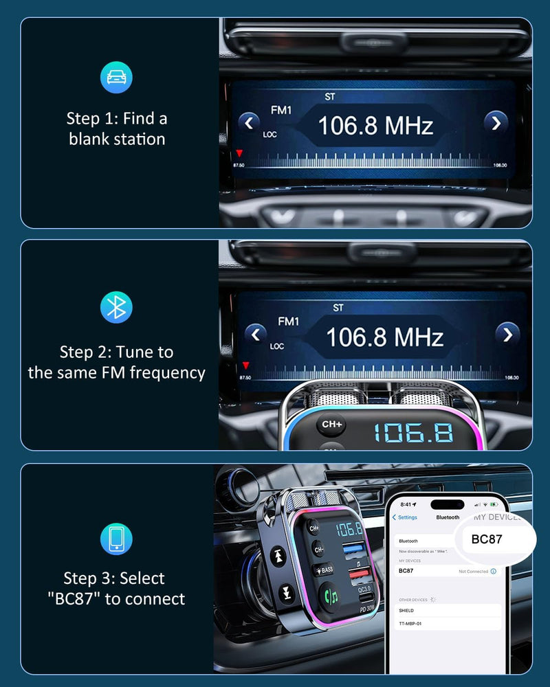 LENCENT Bluetooth FM Transmitter, Bluetooth 5,3, PD 30W & QC3.0 Schnellladegerät, Hi-Fi Musik klares