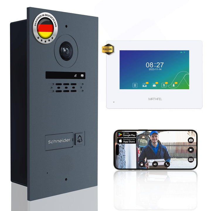 MATHFEL 2 Draht Video Türsprechanlage – Full HD 170° Weitwinkelkamera mit WLAN – 7-Zoll Farb-Touchsc