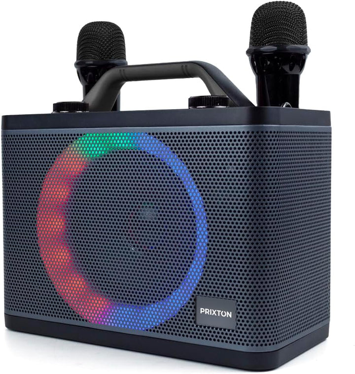 PRIXTON Karaoke Maschine Party | 2 kabellose Mikrofones, Tragbaren Bluetooth Lautsprecher mit RGB-LE