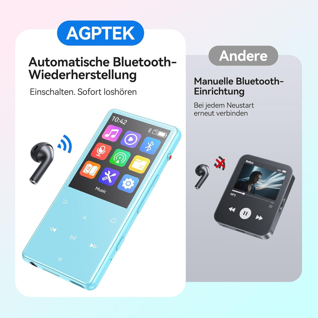 AGPTEK 128 GB MP3 Player mit Bluetooth 5.4, 2,4 Zoll Musik-Player mit One-Click-Aufnahme, eingebaute