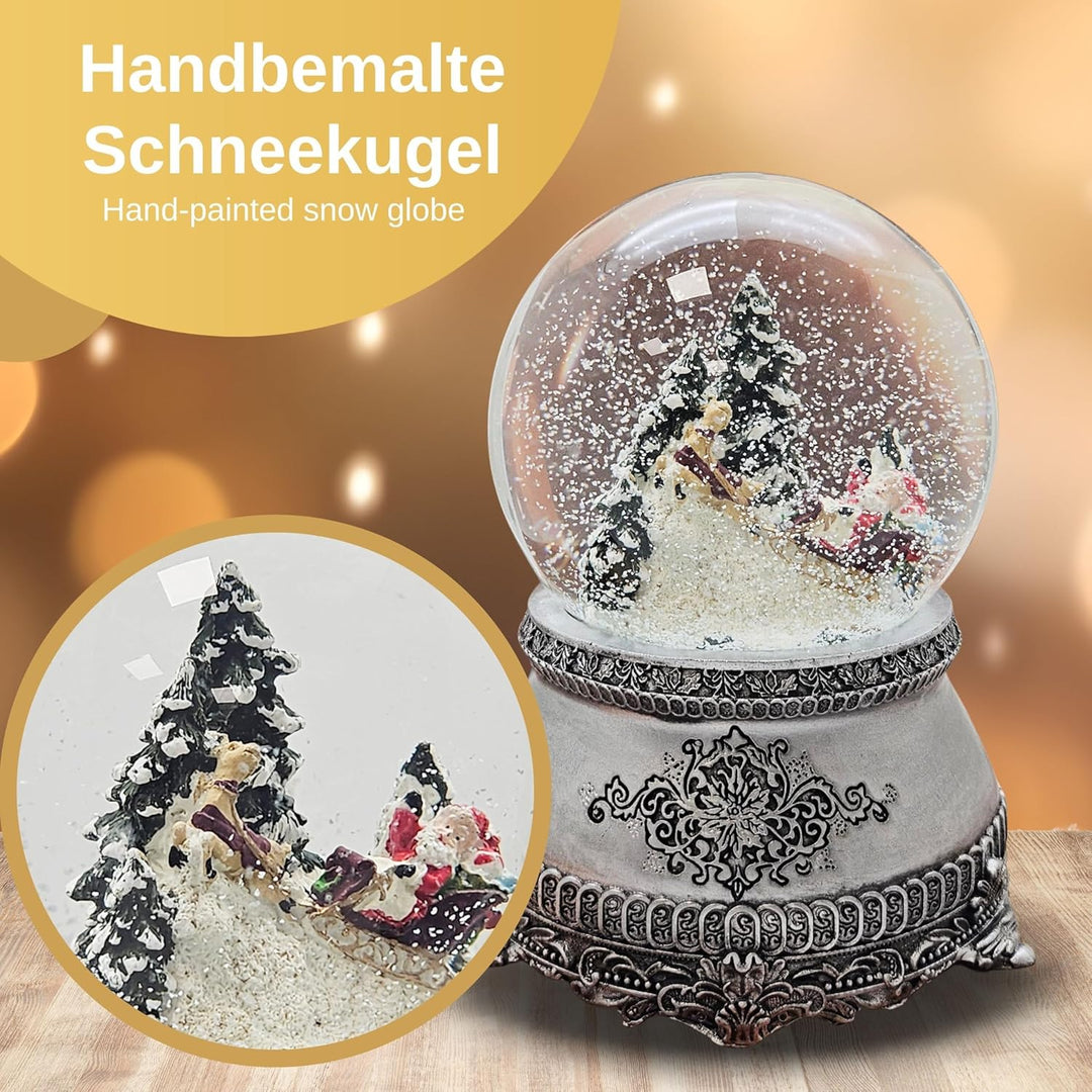 Nostalgie Schneekugel Weihnachtsmann im Schlitten im Winterwald * auf Silber Sockel mit Landschaft *