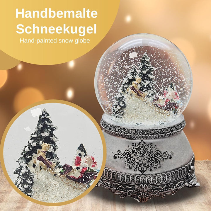 Nostalgie Schneekugel Weihnachtsmann im Schlitten im Winterwald * auf Silber Sockel mit Landschaft *