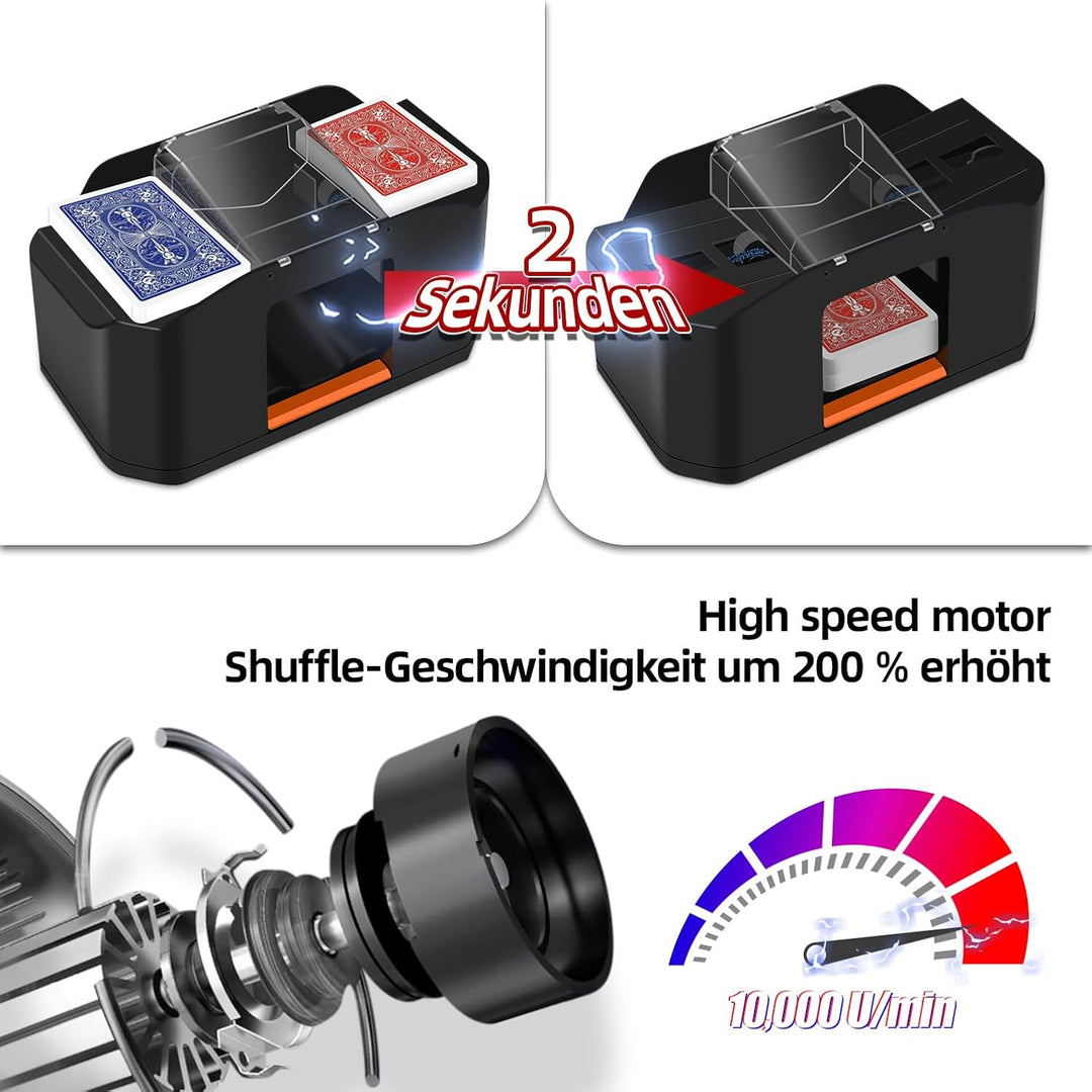 QUICARD Elektrischer Kartenmischer – Geräuscharmer & Wiederaufladbar (2000 mAh) – Mischt 2 Kartensät