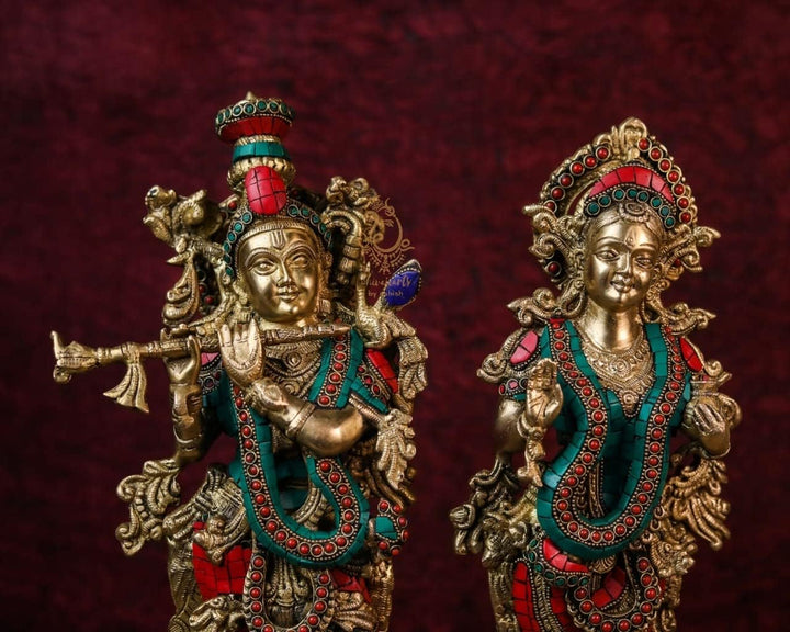 SHIVAJI ARTS Radha Krishna Statue Messing mit Steinarbeit, mehrfarbig, 45,7 cm, grosse Grösse, 1 Stü