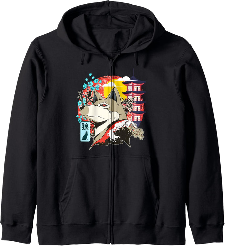 Japanischer Wolf Great Wave Kanagawa Japanische Vintage-Kunst Kapuzenjacke