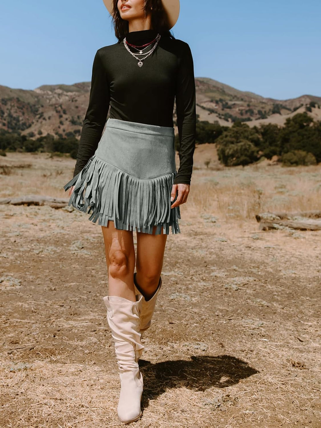 CUPSHE Damen Rock Herbst Winter Fransen Wildleder Rock, High Waist Western Outfit Minirock Mini Skir