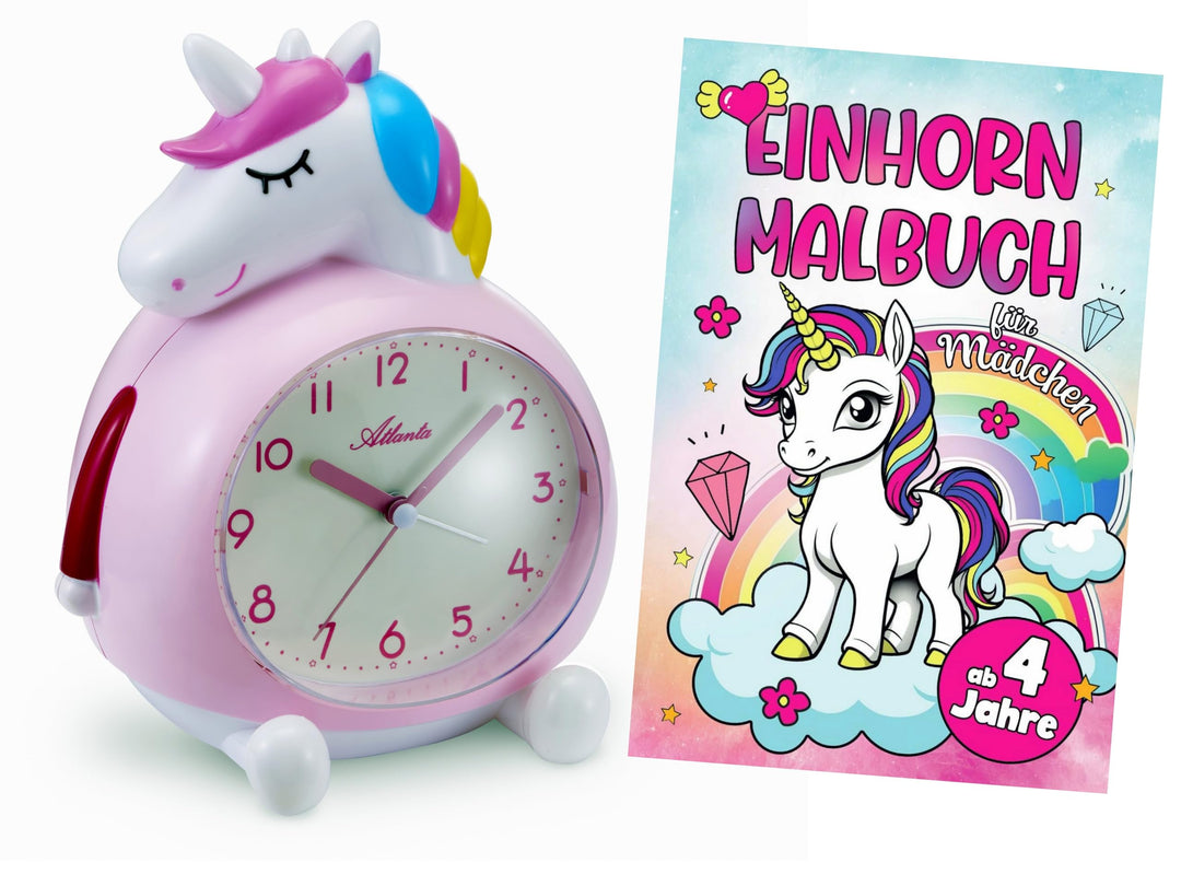 Atlanta Kinderwecker ohne Ticken mit Musik + Malbuch Einhorn - 2163/17 BU