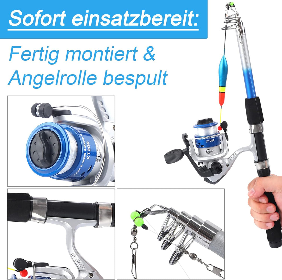 Q-Tac - Angelset für Kinder [Fertig montiert &amp; Angelrolle bespult] Teleskop-Angelrute 165 cm, Kinder