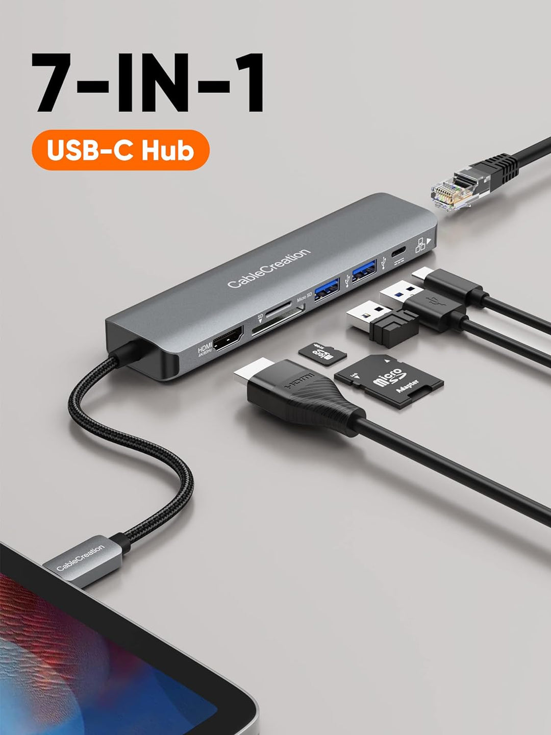 CableCreation USB C Hub, 7 in 1 Multiport Adapter mit HDMI 4K 60Hz,Ethernet 1Gbps, 100W PD, SD/Micro