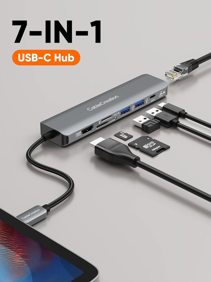 CableCreation USB C Hub, 7 in 1 Multiport Adapter mit HDMI 4K 60Hz,Ethernet 1Gbps, 100W PD, SD/Micro