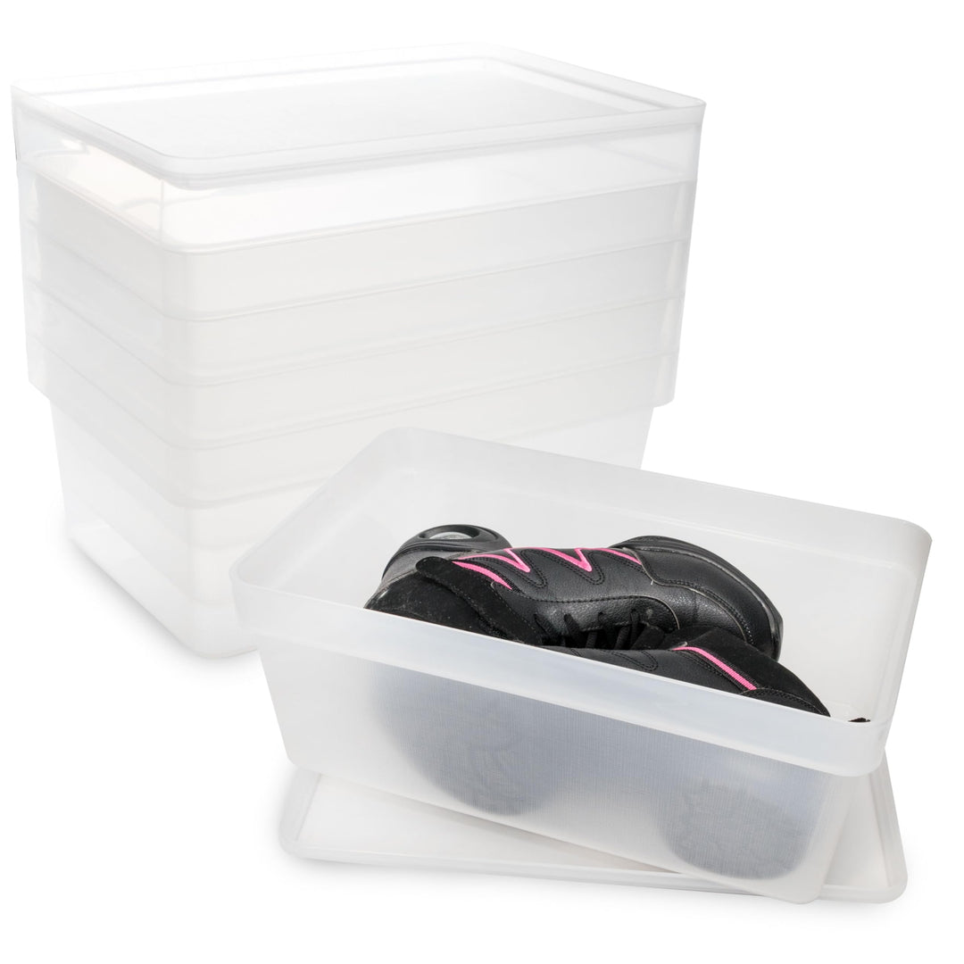 6x Ordnungsbox mit Deckel - stapelbar - milchig-transparent - Schuhbox - 14,5 cm hoch | 21,5x36x14,5