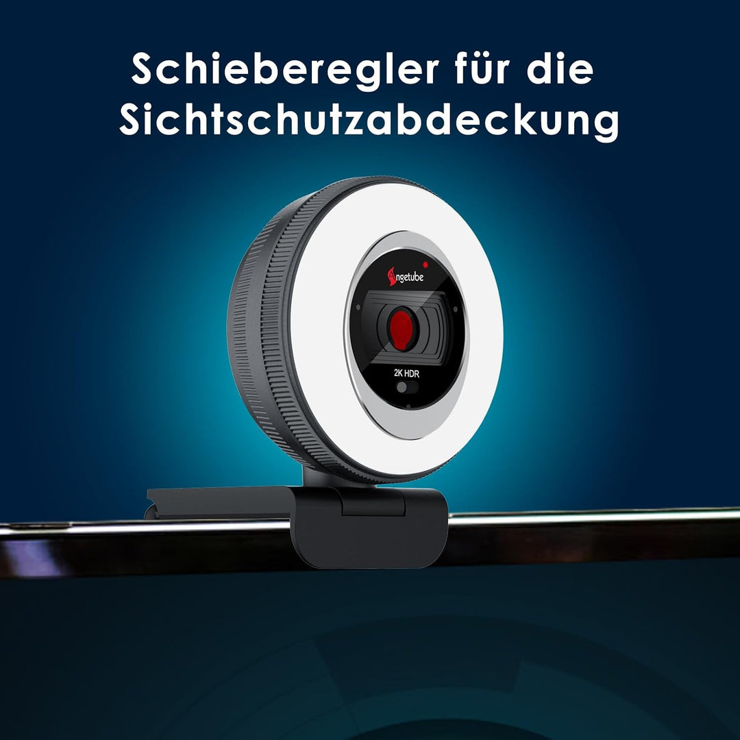 Angetube Streaming Webcam 2K mit Ringlicht, 1080P PC Kamera mit Steuerung | Dual-Stereo-Mikrofon, Pr