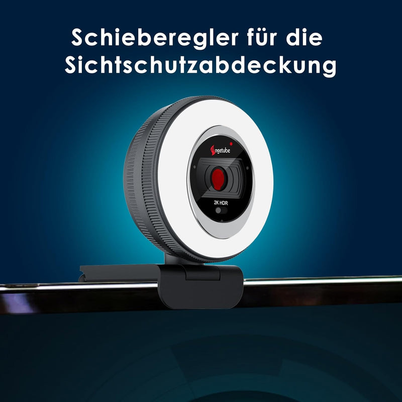 Angetube Streaming Webcam, 2K Webcam mit Ringlicht, 1080P HDR PC-Kamera mit Steuerung, Dual-Stereo-M