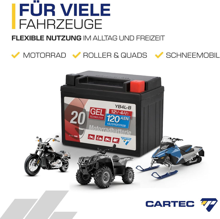 CARTEC Motorradbatterie YB4L-B, 4Ah 56A, Gel Technologie Motorrad-Starter-Batterie, Erstausrüsterqua