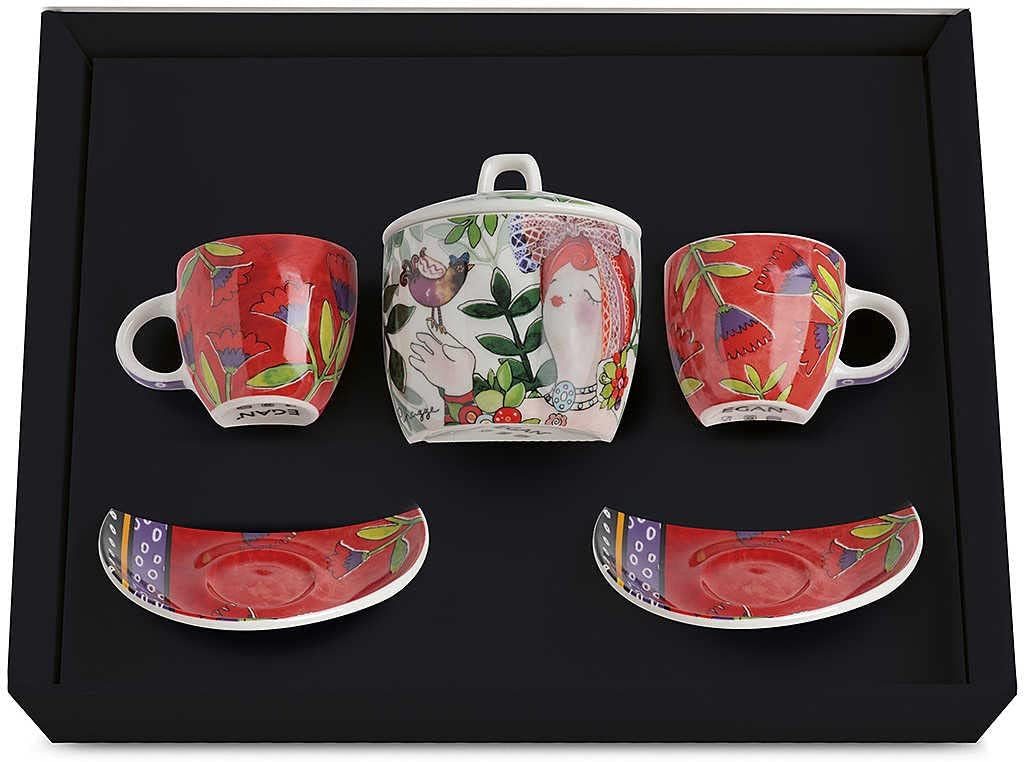 Egan Set 2 Tassen Kaffee + Zuckerdose Le Puppe Rot