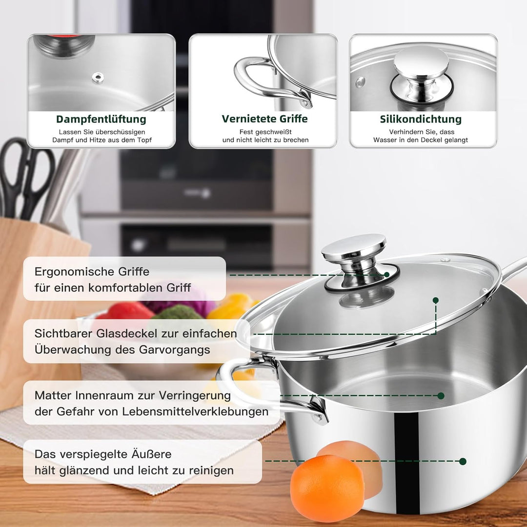 Onader Kochtopf, 3-Lagen Edeastahl Topf Induktion, 3,3L Kochtöpfe Nudeltopf Suppentopf mit Glasdecke