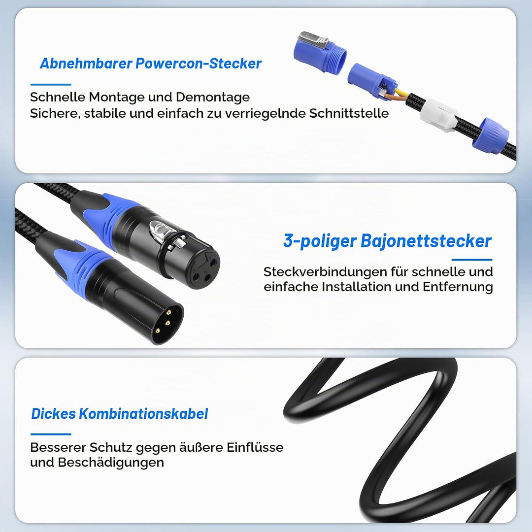 XMSJSIY PowerCon/XLR Power Audio Combo Link Kabel 16AWG 3-Pin PowerCon AC Eingang zum Ausgang 22AWG