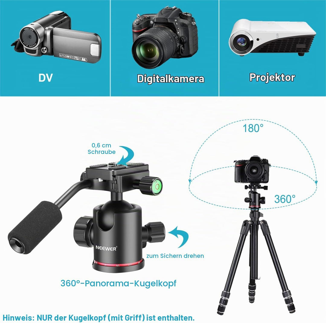 NEEWER Hochleistungs Kamera Stativkopf, Kugelkopf mit Griff und 1/4Zoll Arca Typ QR Platte, 360° Pan