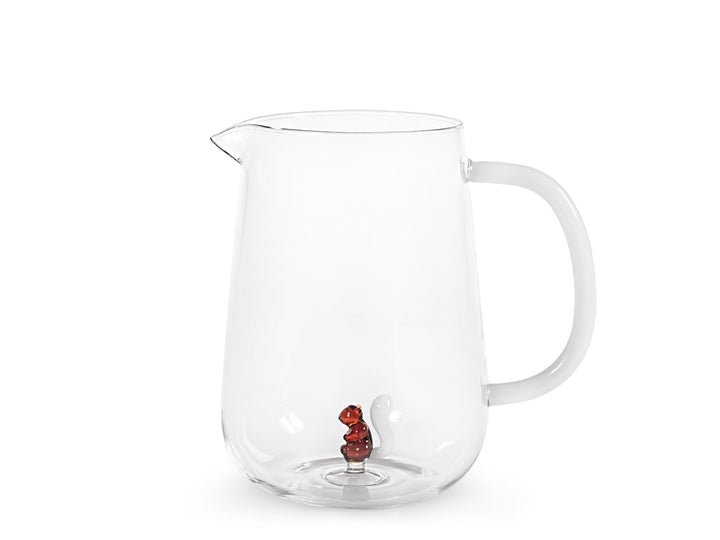 H&H Karaffe – Transparentes Borosilikatglas – 1,4 L – Weisser Henkel – Integrierte Miniatur in Eichh