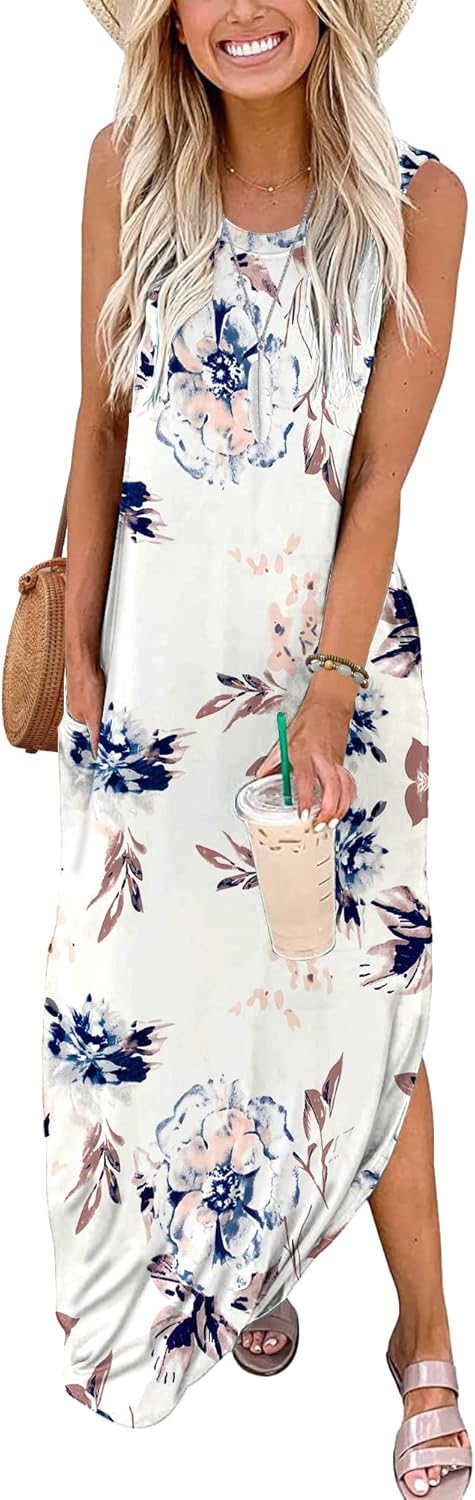 AUSELILY Maxikleider Damen Sommer Ärmellos Strandkleid Lang Sommer-Kleider Tank T-Shirt Kleid mit Ta