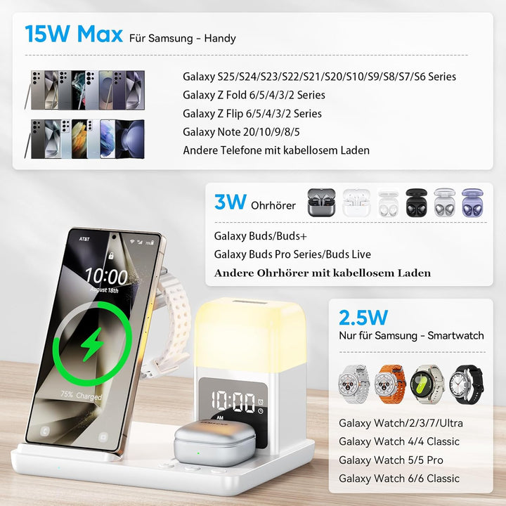 6 in1 Upgradierter Induktive Ladestation für Samsung mit Wecker & 3-Farben-Licht | Wireless Charger