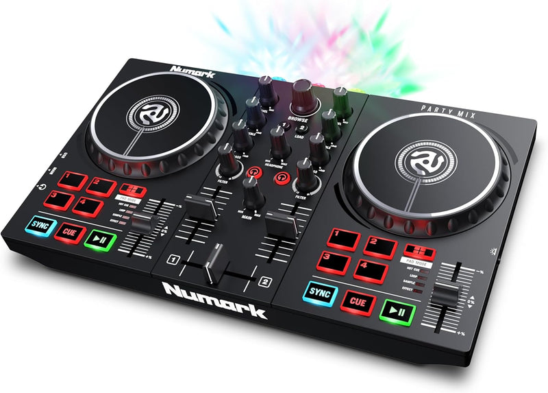 Numark Party Mix II – DJ Controller Pult mit 2 Decks, eingebauten DJ-Lichtern & DJ-Mixer; unterstütz