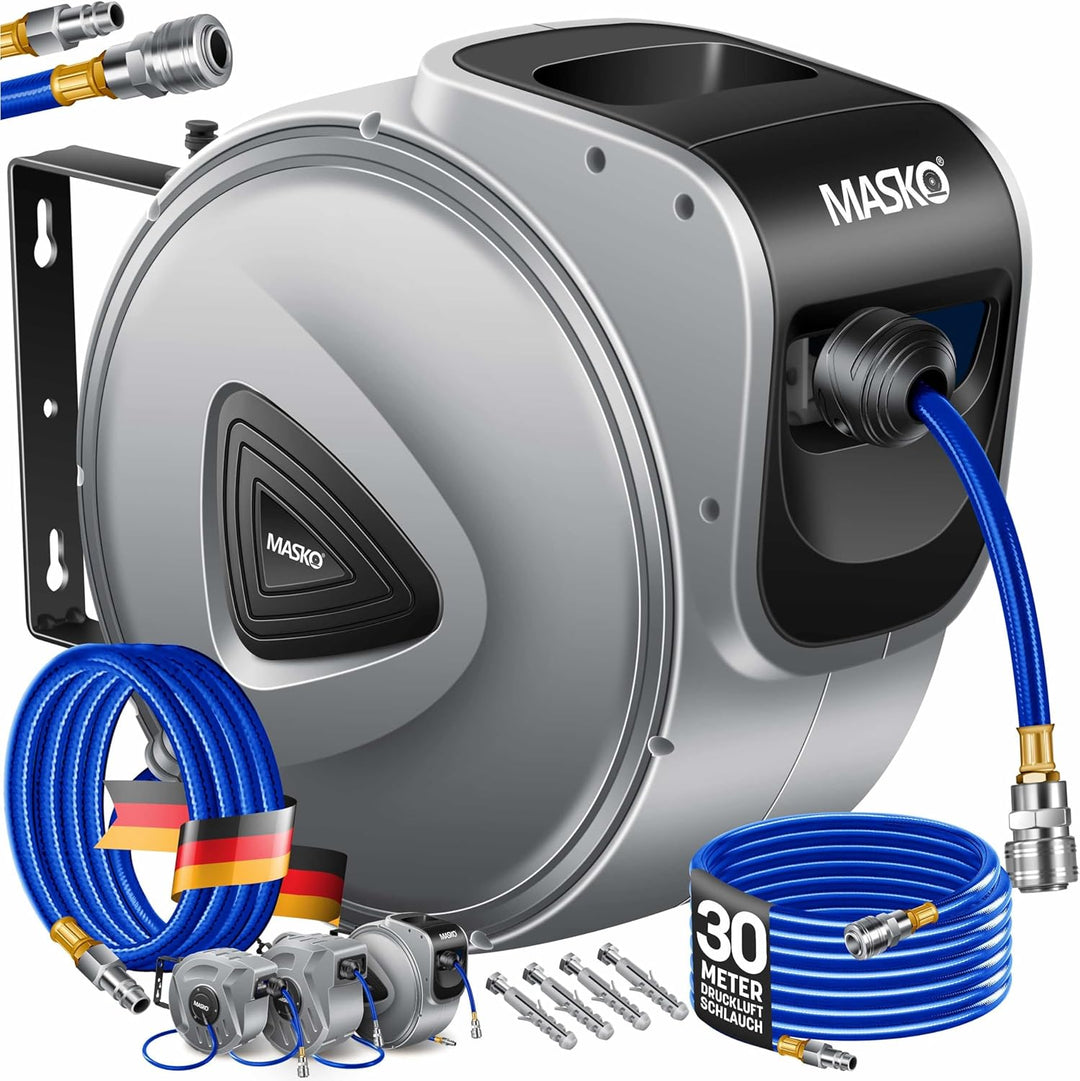 MASKO® Automatik Druckluftschlauch Aufroller 30m – Schlauchtrommel mit 1/4" Anschluss, Schlauchaufro