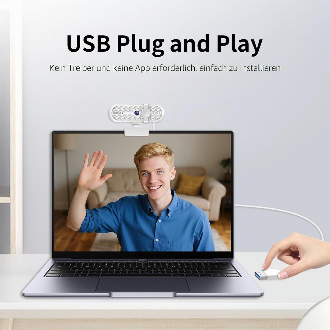 TOALLIN 2K Webcam mit Stativ für Streaming, 5 Megapixel, integriertes Mikrofon &amp; Privacy-Abdeckung,