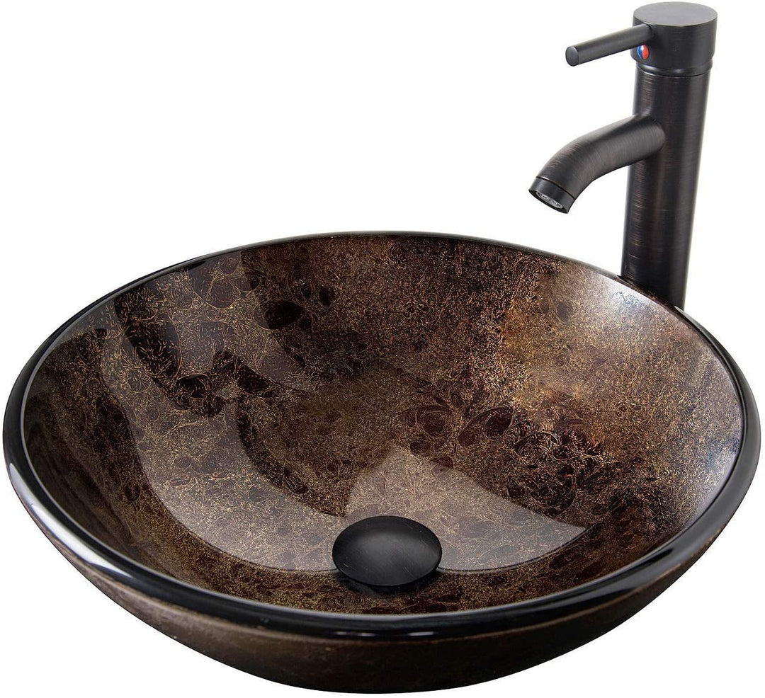 ARTETHYS Waschbecken Glas Aufsatzwaschbecken mit Wasserhahn Ablaufgarnitur, Round Waschschale Wascht
