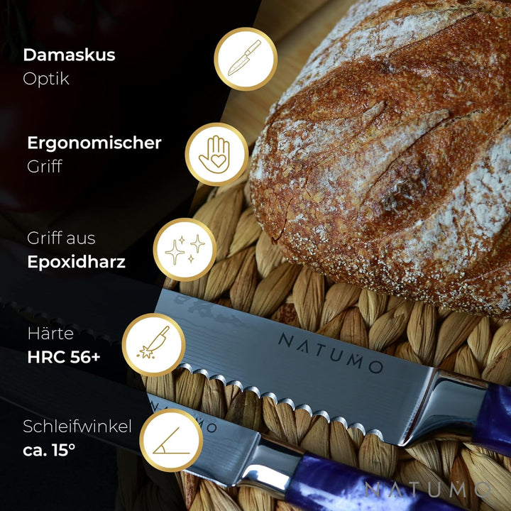 NATUMO Küchenmesser Set 9-teilig. HRC 56+ scharfes Messerset Profi in Damast-Optik aus Allzweckmesse