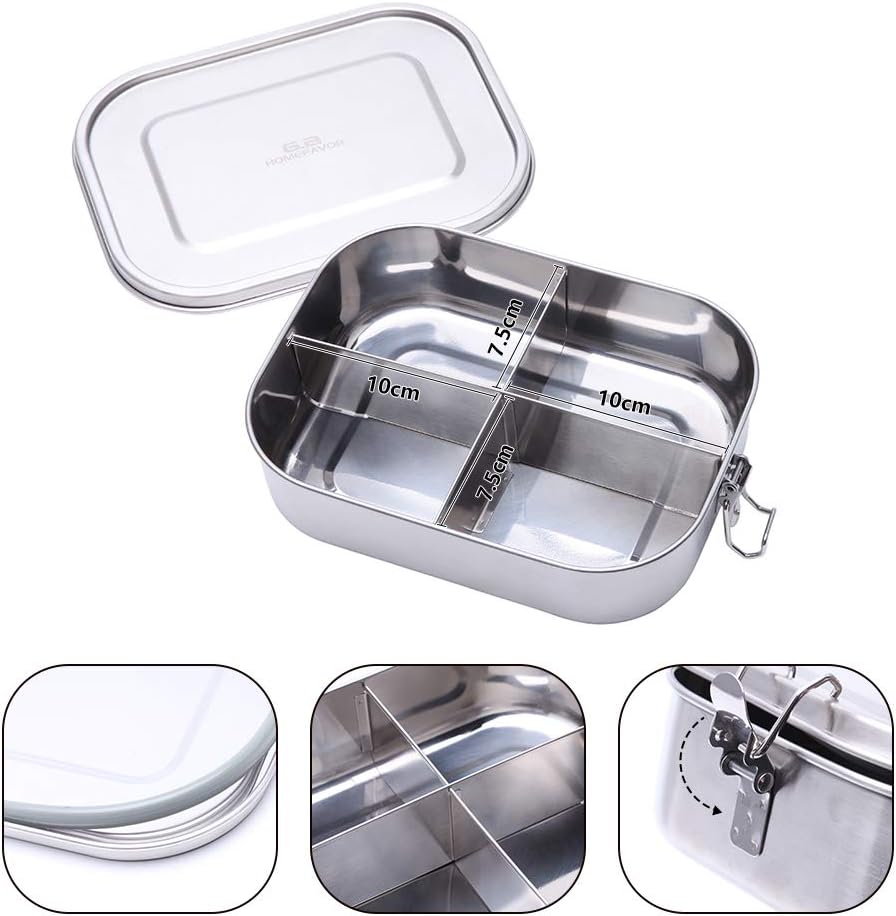 G.a HOMEFAVOR Edelstahl Brotdose Metall Lunchbox mit 4 Fächern 1400ml Auslaufsichere Bento Box Gross