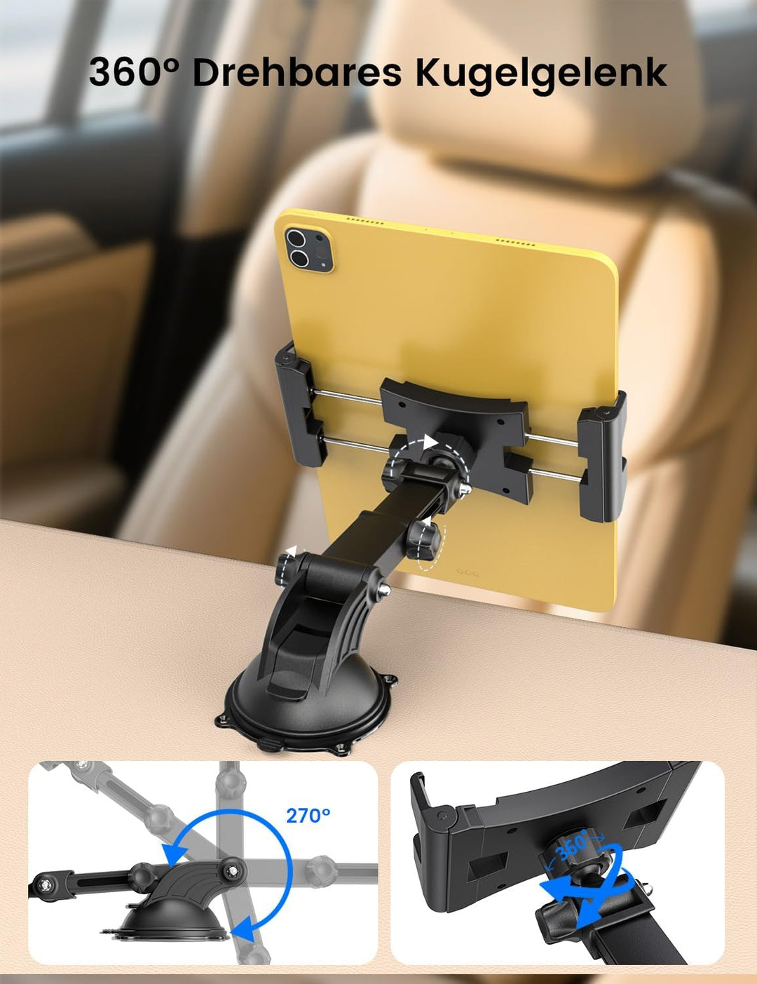 OHLPRO Tablet Halterung Auto,360° Drehung Tablethalterungen 18cm Ausziehbare Arm+ Waschbar Saugnapf,
