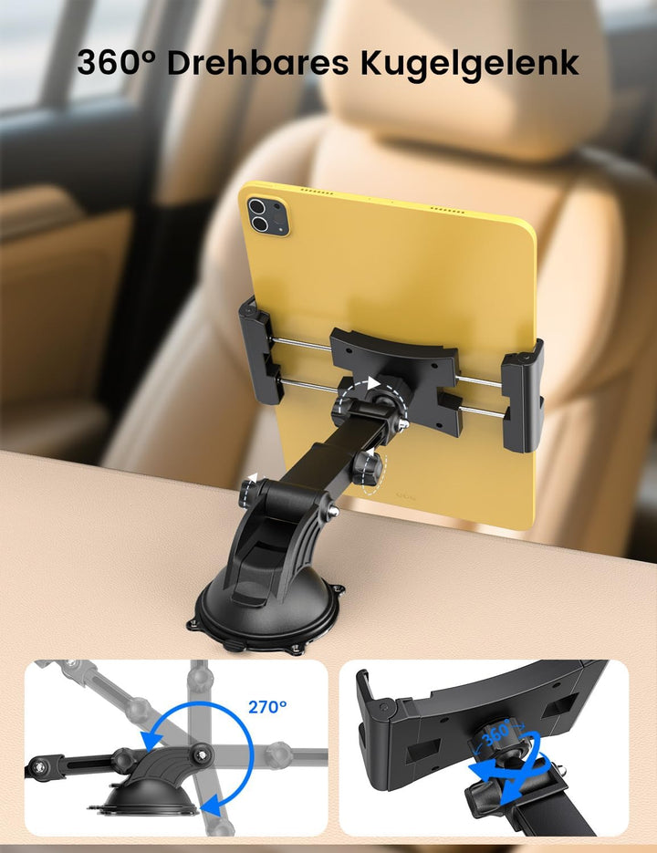 OHLPRO Tablet Halterung Auto,360° Drehung Tablethalterungen 18cm Ausziehbare Arm+ Waschbar Saugnapf,