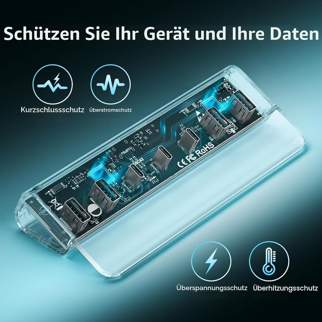 FIDECO USB Hub mit Netzteil, 7 Port USB 3.2 Gen 2, 10Gbit/s Schneller Datenhub, Vollaluminium-Verlän