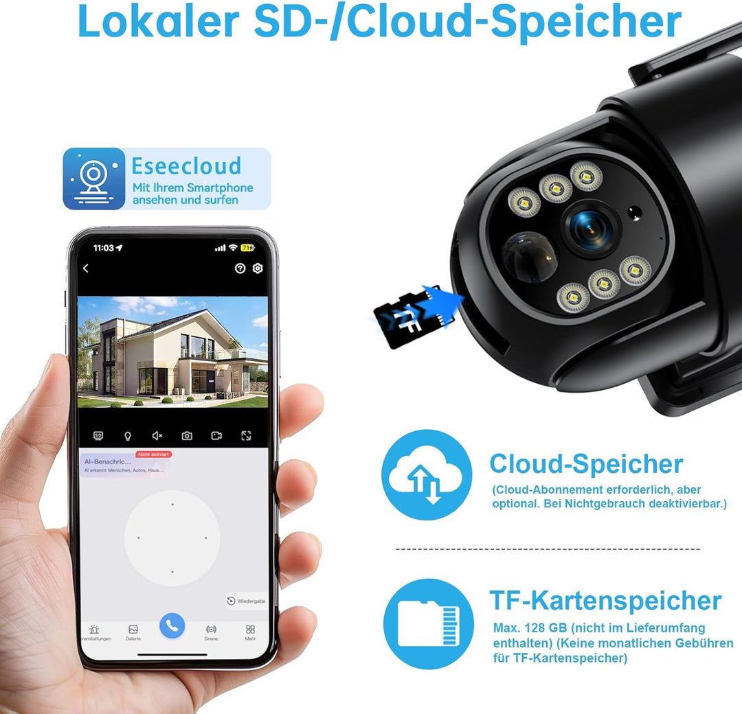 2K 4MP Überwachungskamera Aussen Akku Solar, 2,4G- und 5G-WLAN, 360° PTZ-Aussenkamera mit Batteriebe