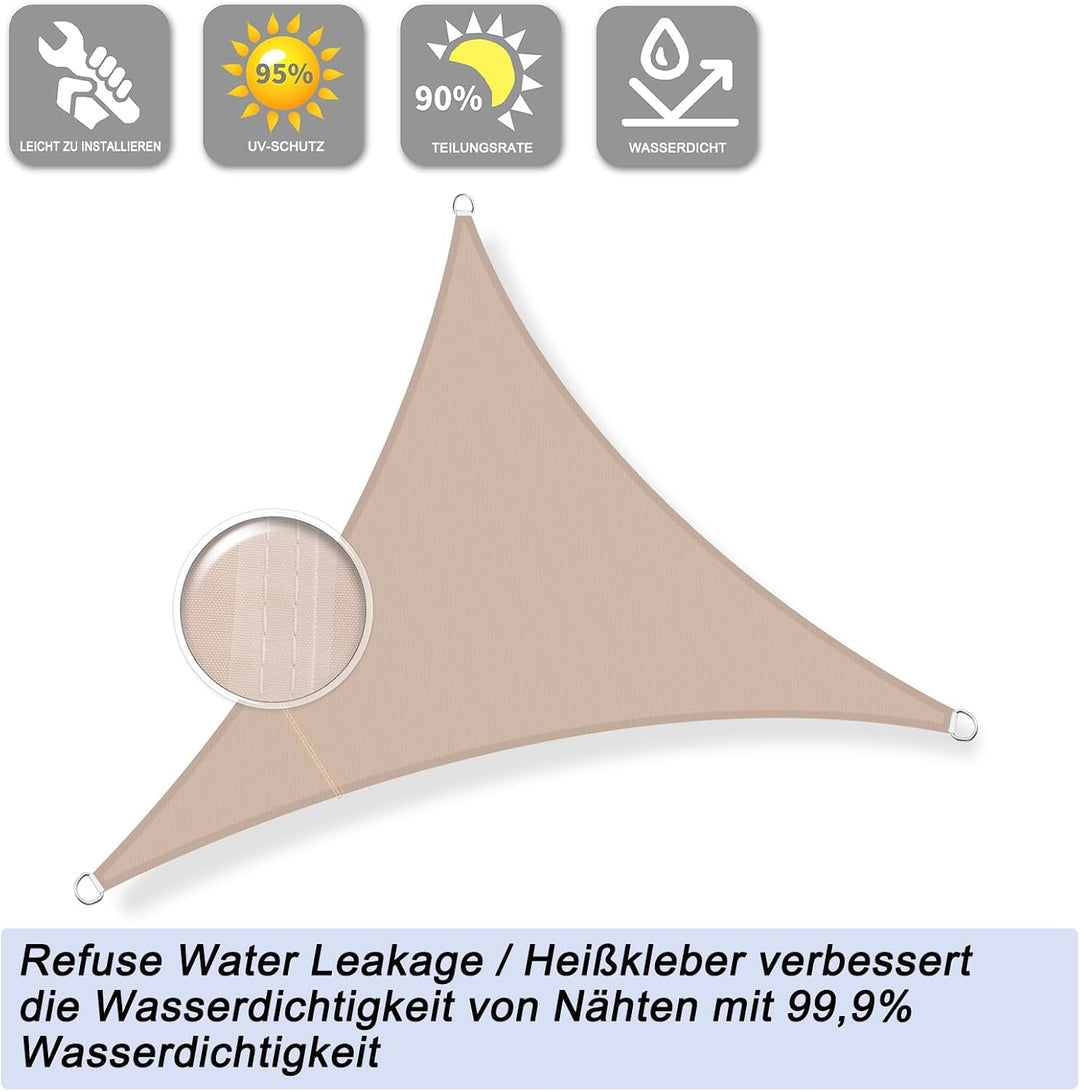 Sunnylaxx 5x5x5m Sonnensegel Dreieckig, Wasserdicht Sonnenschutz Sunsegel Color Taupe, 95% UV-Schutz