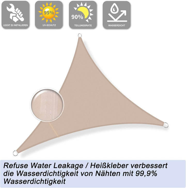 Sunnylaxx 5x5x5m Sonnensegel Dreieckig, Wasserdicht Sonnenschutz Sunsegel Color Taupe, 95% UV-Schutz