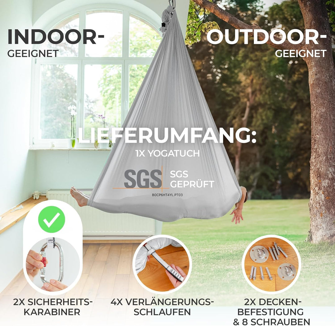Yosana Hängematte | Komplettset inkl. Befestigung | TÜV geprüft | Nylon Tuch 5m x 2,6m Silbergrau (1