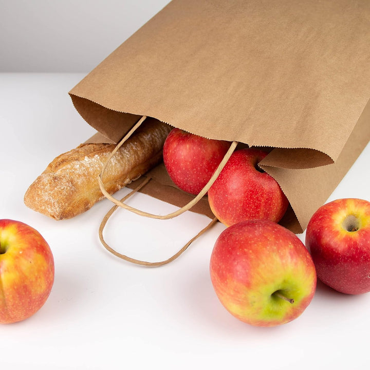 Extiff 50 braune Einkaufstaschen aus Kraftpapier mit Griffen, 26 x 14 x 32 cm, Einkaufstasche/Gesche
