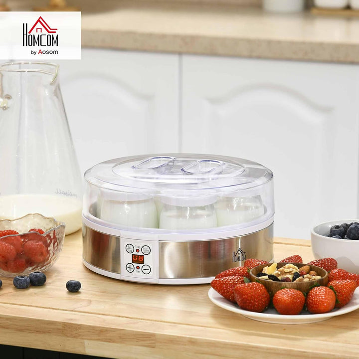HOMCOM Joghurtbereiter Griechische Joghurtmaschine mit Deckel, 7 BPA-freier Glas-Innenbehälter à 180
