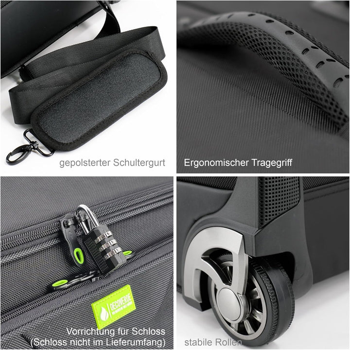 Aktenkoffer aus recyceltem Polyester in schwarz 46209 | für fünf Aktenordner, mit Rollen und Trolley