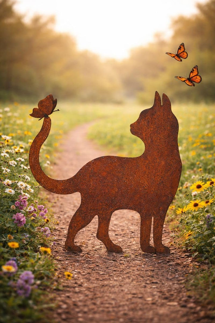 Bornhöft Gartendeko Gartenstecker Katze mit Schmetterling, Edelrost Rost-Optik Metallfigur, Gartensk
