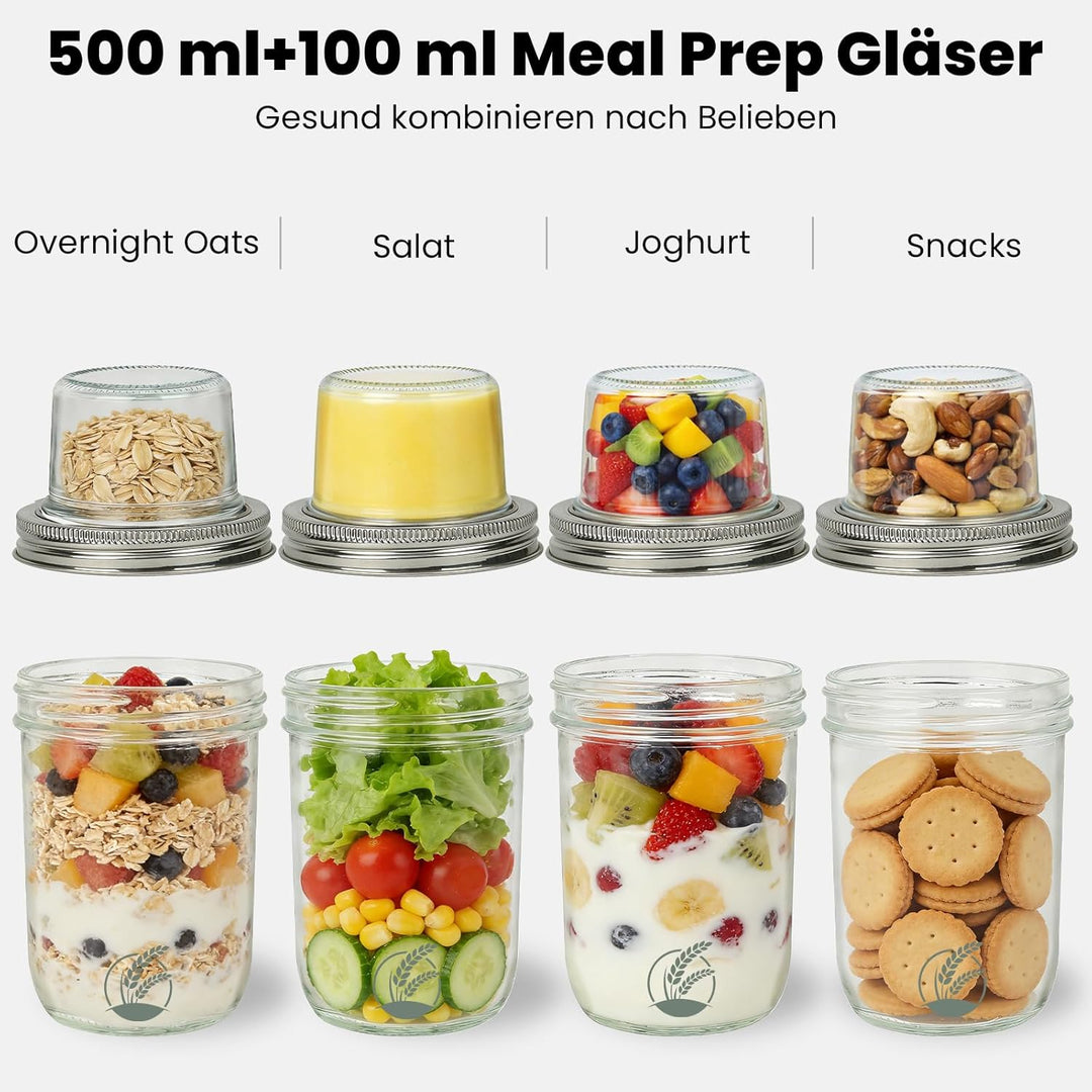 2 Stück Müslibecher to go, 500ml+100ml Joghurtbecher to go, Doppelschicht Auslaufsicherer Overnight
