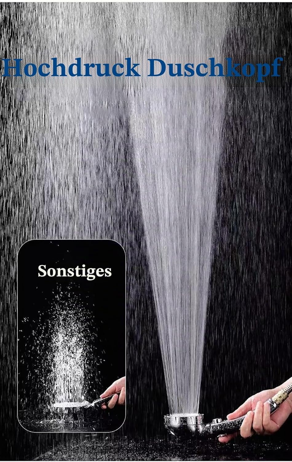 Hochdruck Duschkopf mit 2m Schlauch, 3 Strahlarten Wassersparender Handbrause Mit Stoppfunktion, Dus